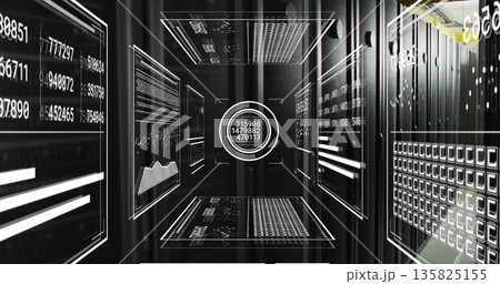 Holographic panels displaying data charts in server corridor with server racks and network cables Holographic panels displaying data charts in server corridor with server racks and network cables 135825155