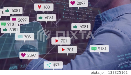 Typing adult male reviewing digital line chart overlay and social icons at office desk, copy space 135825161