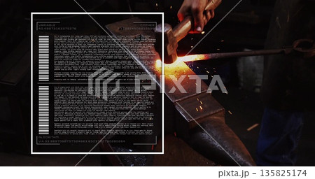 Blacksmith forging bar with hammer and tongs in workshop, with UI overlay, copy space Blacksmith forging bar with hammer and tongs in workshop, with UI overlay, copy space 135825174