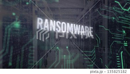 Hovering white RANSOMWARE text over racks with blinking lights in server room, with circuit overlay 135825182