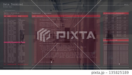 Displaying computer terminal interface overlaying marble-floored corridor, with IP passphrase panel Displaying computer terminal interface overlaying marble-floored corridor, with IP passphrase panel 135825189