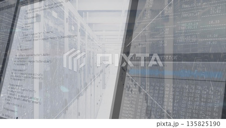 Server rack cabinets extending in data center corridor, with network cables and code overlays Server rack cabinets extending in data center corridor, with network cables and code overlays 135825190