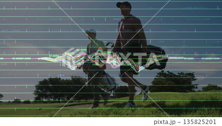 Walking father and son carrying golf bags across fairway, overlaid digital grid lines and waveforms 135825201