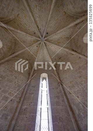 Medieval stone vaulted ceiling with tall arched window in La Romieu Medieval stone vaulted ceiling with tall arched window in La Romieu 135825699