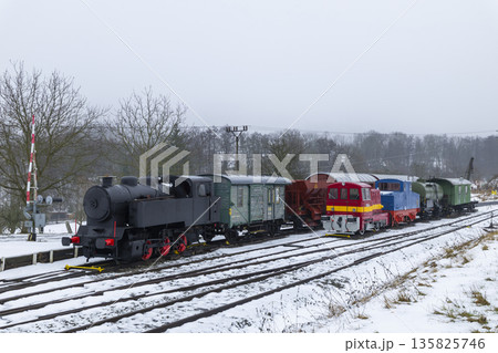Vintage trains parked on snowy tracks in Zubrnice, Czechia 135825746
