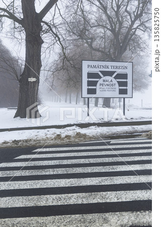 Terezin memorial Small Fortress sign on a winter day Terezin memorial Small Fortress sign on a winter day 135825750