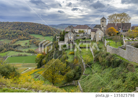 Chateau Chalon village perched above Jura vineyards in autumn Chateau Chalon village perched above Jura vineyards in autumn 135825798
