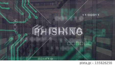 Displaying PHISHING text above server racks in data center, with neon overlays and password squares Displaying PHISHING text above server racks in data center, with neon overlays and password squares 135826256