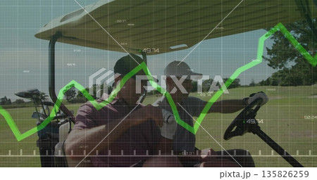 Sitting two friends sipping insulated mugs in golf cart on fairway, with green line grid overlay Sitting two friends sipping insulated mugs in golf cart on fairway, with green line grid overlay 135826259