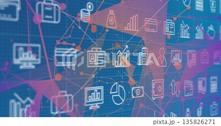Displaying network nodes on blue grid interface, featuring white financial and analytics icons 135826271