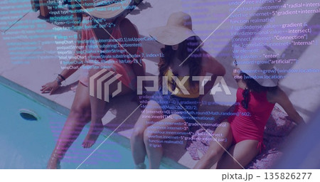 Sitting three friends wearing swimsuits dipping legs into pool water at poolside with straw hats Sitting three friends wearing swimsuits dipping legs into pool water at poolside with straw hats 135826277