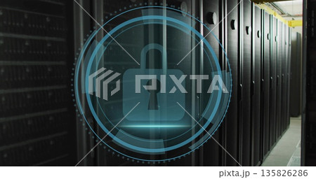 Projecting blue padlock icon with circular UI overlays in data center corridor, with server racks 135826286