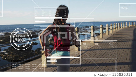 Standing woman wearing red top, gray leggings scanning ocean on walkway, with shoreline, AR panels Standing woman wearing red top, gray leggings scanning ocean on walkway, with shoreline, AR panels 135826311