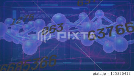Sphere-and-rod molecular model rotating over grid in data space, with numeric codes and HUD overlay Sphere-and-rod molecular model rotating over grid in data space, with numeric codes and HUD overlay 135826412