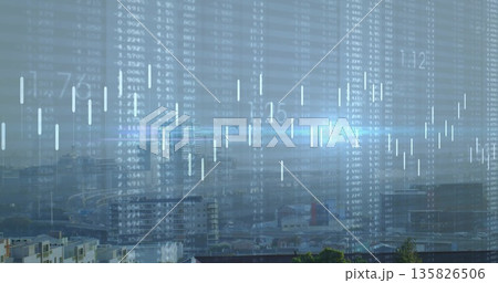 Overlaying financial data across urban skyline at elevated vantage point, with candlestick bars 135826506
