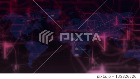 Digital world map featuring neon pink network lines and pulsating nodes in network interface 135826526