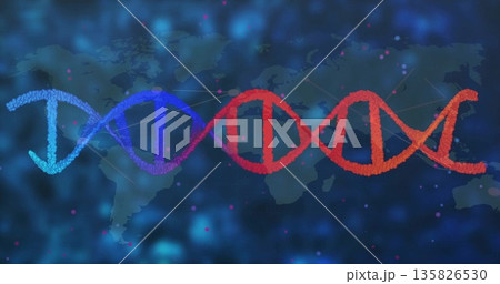 Stylized DNA double helix glowing in digital environment with world map silhouette and data points Stylized DNA double helix glowing in digital environment with world map silhouette and data points 135826530