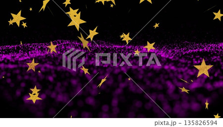 Floating gold star shapes dancing above purple particle wave in digital space, abstract background Floating gold star shapes dancing above purple particle wave in digital space, abstract background 135826594