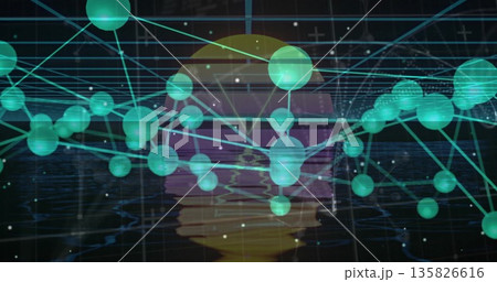 Network of green spheres floating, linking via cyan lines in digital grid, with gradient orb 135826616