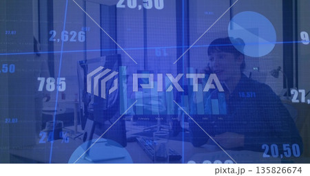 Female office worker talking on smartphone at office desk, with monitor and digital charts Female office worker talking on smartphone at office desk, with monitor and digital charts 135826674