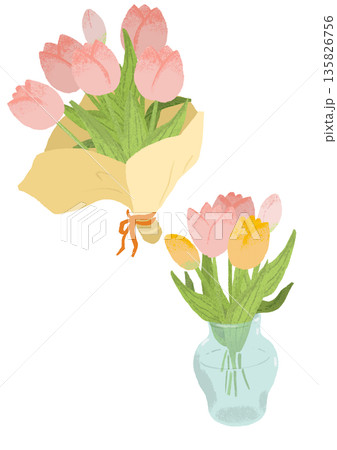 シンプルなチューリップのイラスト　花束　花びん 135826756