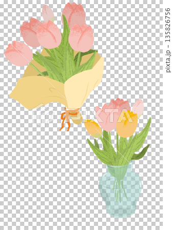 シンプルなチューリップのイラスト　花束　花びん 135826756