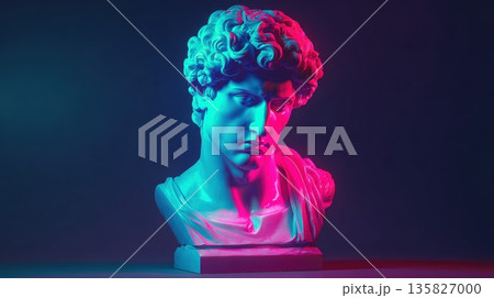 Modern statue glows with vibrant neon pink and blue light 135827000