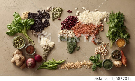 World map of natural ingredients promoting healthy diet 135827016