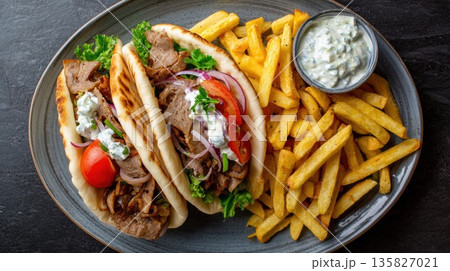 Classic Greek gyro wrap presented with fries and tzatziki sauce Classic Greek gyro wrap presented with fries and tzatziki sauce 135827021
