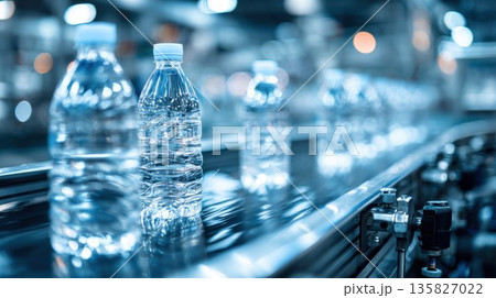 Plastic Water Bottles Moving on Conveyor Belt in Modern Factory Plastic Water Bottles Moving on Conveyor Belt in Modern Factory 135827022
