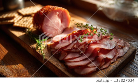 Juicy honey-glazed ham is sliced and garnished on a wooden board Juicy honey-glazed ham is sliced and garnished on a wooden board 135827034
