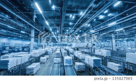Large industrial warehouse with automated conveyor system 135827065