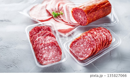 Various sliced salami and cold cuts are displayed in plastic packaging 135827066