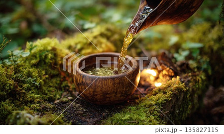 Golden liquid pours from wooden vessel into bowl on moss 135827115