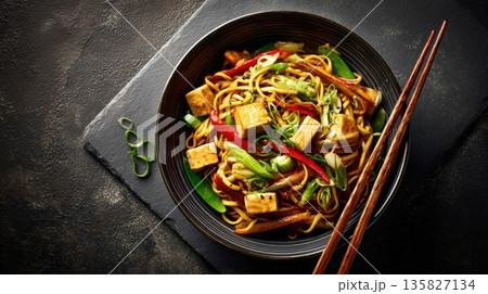 Tofu noodle stir-fry is served in a dark bowl with chopsticks Tofu noodle stir-fry is served in a dark bowl with chopsticks 135827134