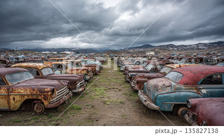 A vast collection of rusty vintage cars sits in a remote junkyard under a stormy sky 135827138