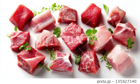 Assorted raw meat cuts with fresh herbs on white background 135827140