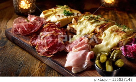 Gourmet charcuterie and melted cheese board is ready to enjoy 135827148