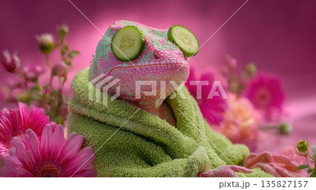 Cute chameleon having a relaxing spa day with cucumber slices Cute chameleon having a relaxing spa day with cucumber slices 135827157