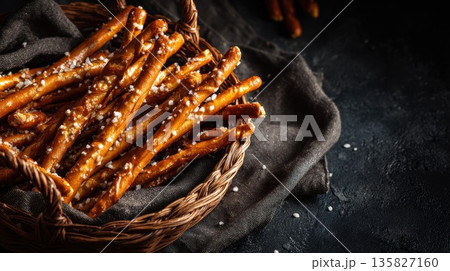 Salted pretzel sticks are arranged in a rustic basket Salted pretzel sticks are arranged in a rustic basket 135827160