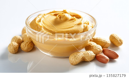 Creamy peanut butter in glass bowl isolated on white background 135827179