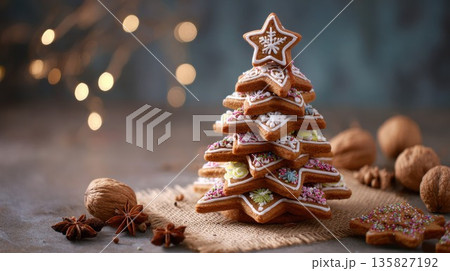 Gingerbread Christmas tree stands decorated amidst festive holiday lights and spices 135827192