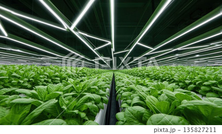 Green plants thrive in a modern indoor hydroponic farm 135827211