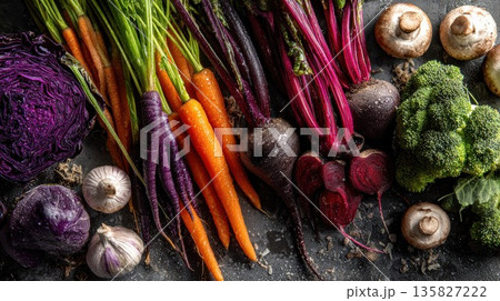Fresh root vegetables and mushrooms are beautifully arranged on a dark background 135827222