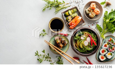 Japanese sushi and sashimi feast served on white table top Japanese sushi and sashimi feast served on white table top 135827236