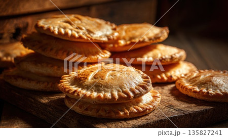 Savory baked empanadas are stacked on a rustic wooden board Savory baked empanadas are stacked on a rustic wooden board 135827241