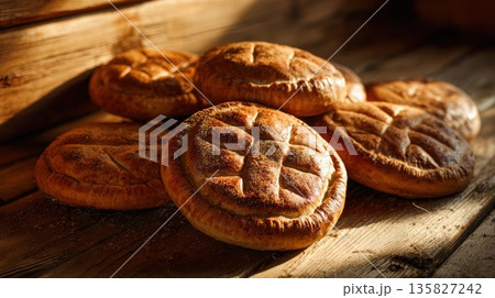 Freshly baked artisan bread rests on a rustic wooden table Freshly baked artisan bread rests on a rustic wooden table 135827242