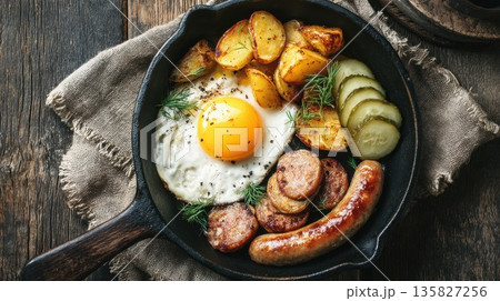 Delicious skillet breakfast with fried egg, sausage, and potatoes Delicious skillet breakfast with fried egg, sausage, and potatoes 135827256