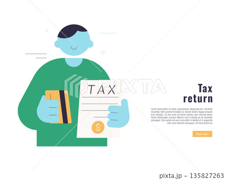 Flat vector illustration of a male person holding tax document and credit card, modern minimal style with simple shapes, financial concept for tax return, finance and business design. Flat vector illustration of a male person holding tax document and credit card, modern minimal style with simple shapes, financial concept for tax return, finance and business design. 135827263