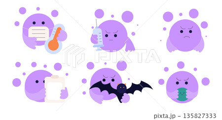 Flat vector illustration of virus character set showing different actions and emotions, minimal modern style with simple shapes, medical and healthcare concept elements for education and awareness.  135827333